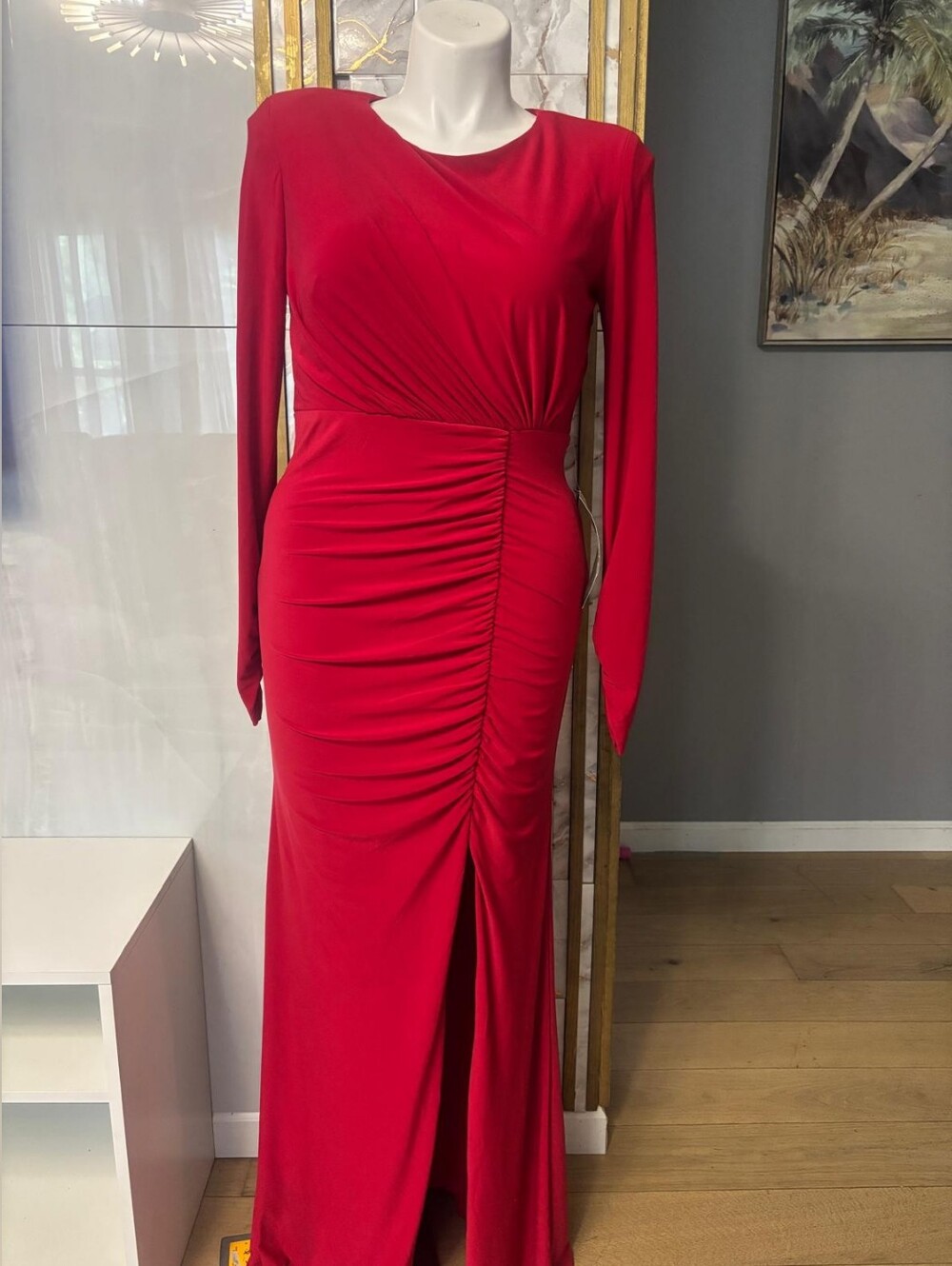Red Ruched Long Sleeve Evening Gown
